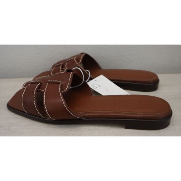 H&M 1217381 Women's Sz 7 Brown PU Leather Square Toe Wide Foot Strap Sandals - Picture 9 of 9